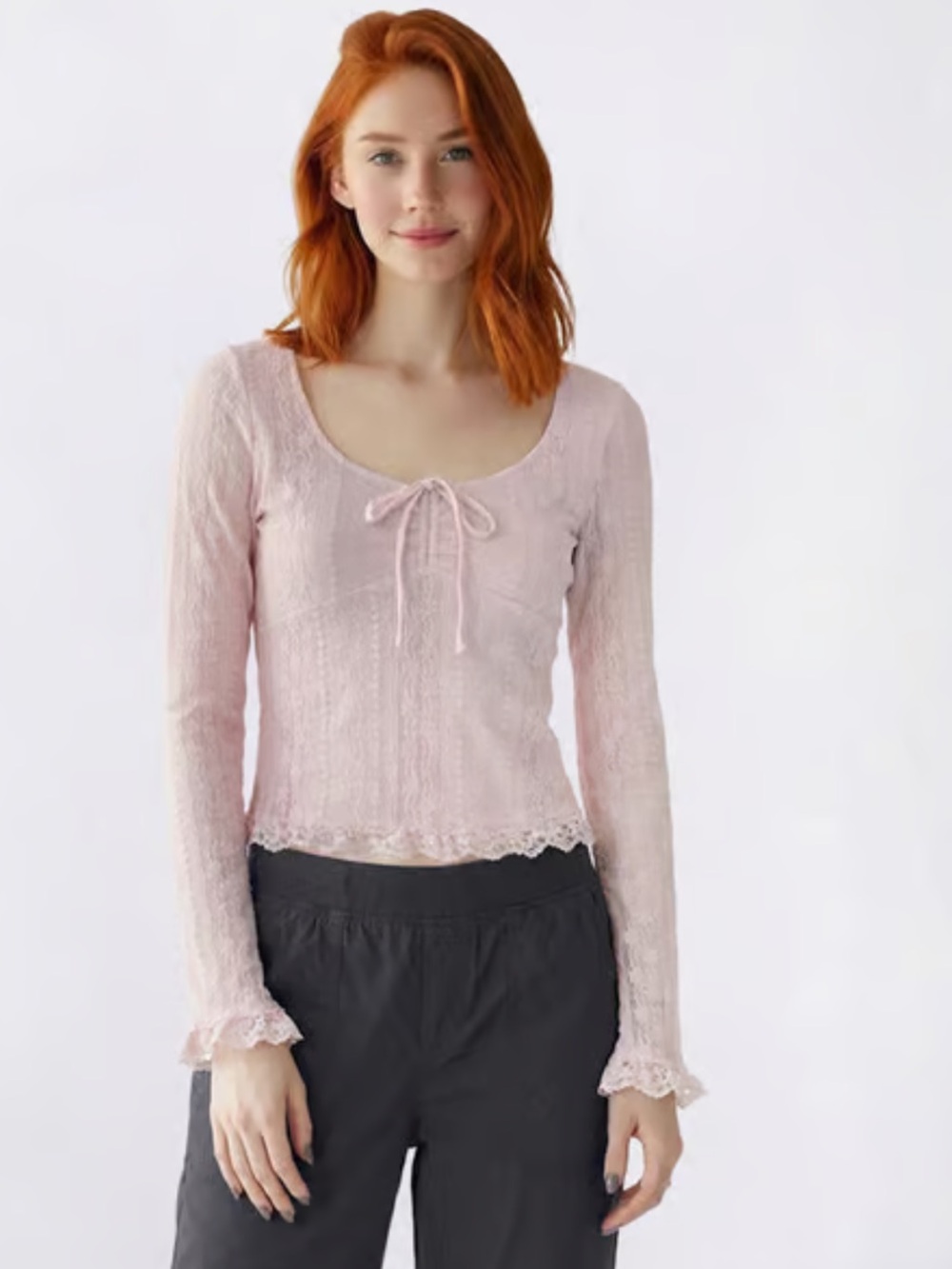 Madden Girl Pale Pink Lace-Knit Tie-Front Long Sleeve Top